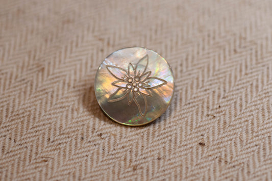 Mother-of-pearl buttin with a star design on a textured beige fabric background